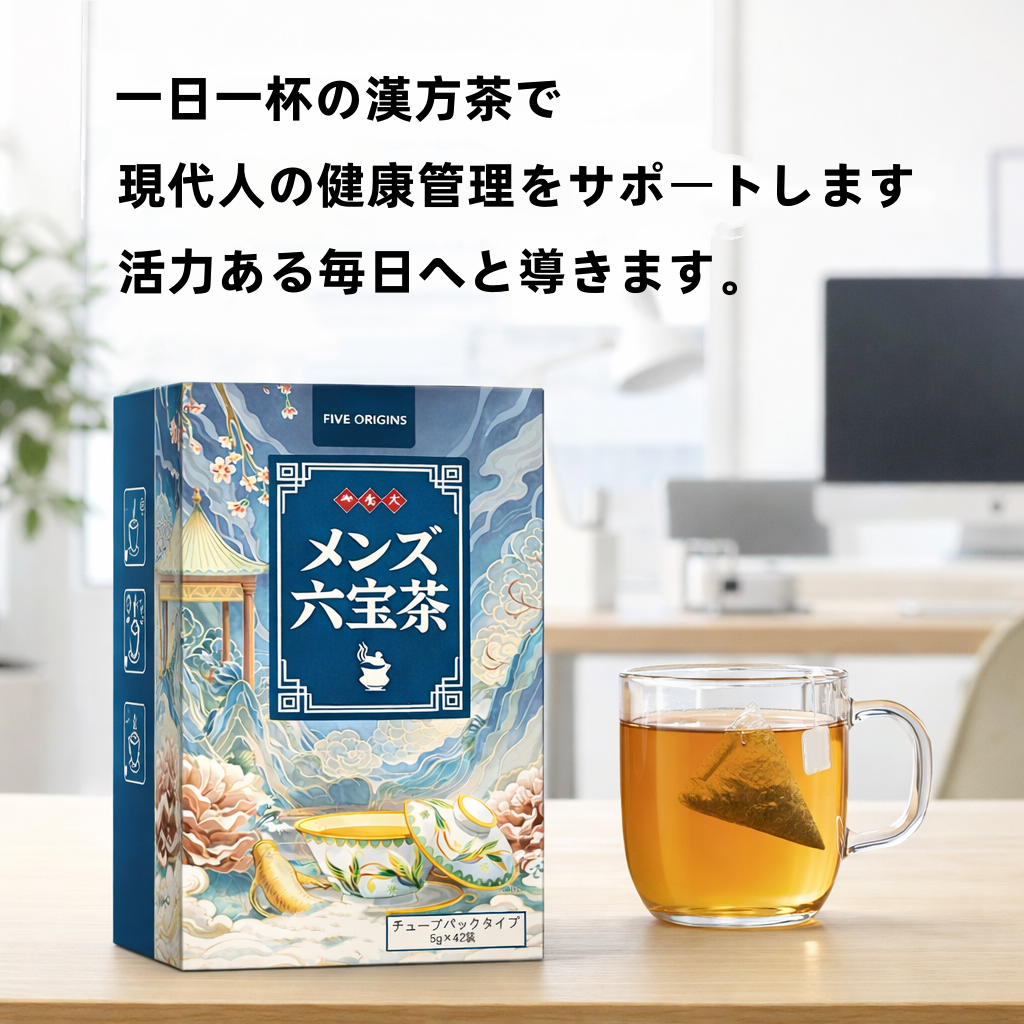 漢方茶のパッケージと淹れたてのお茶。デスクでのひとときのイメージ